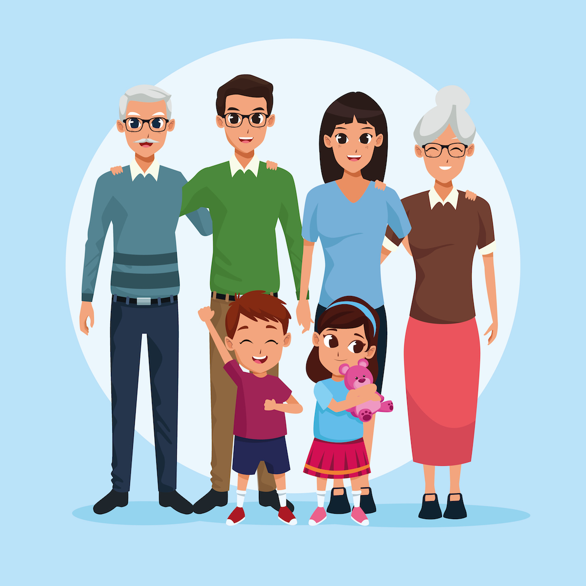 Happy grandparents entertaining grandson playing virtual games online together sitting home on sofa cartoon composition vector illustration